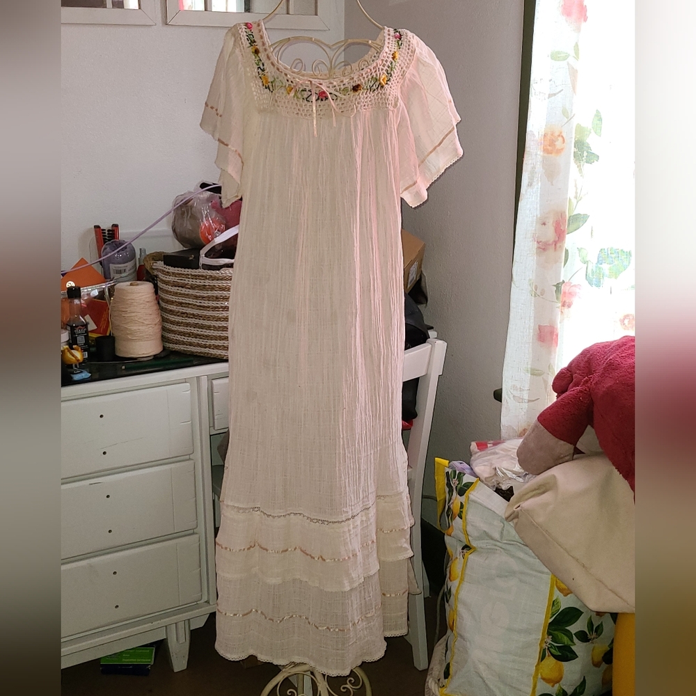 Vintage Gauze Dress Cotton Crochet Sheer Ecuadorian